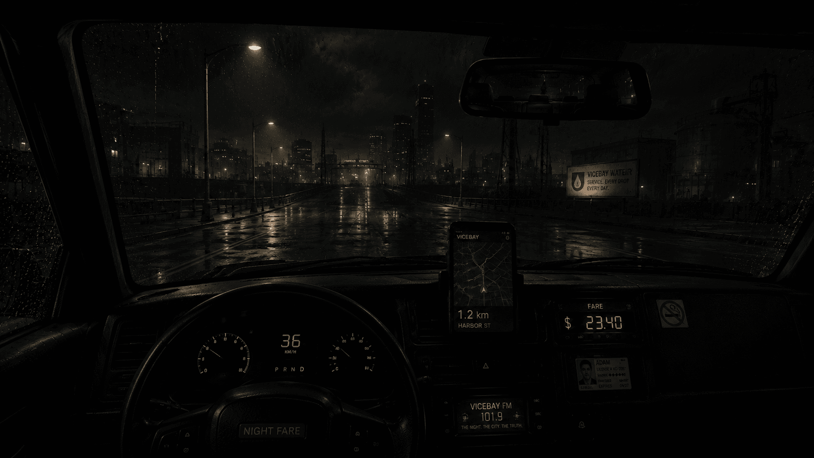 Vue cockpit du taxi de nuit dans NightFare
